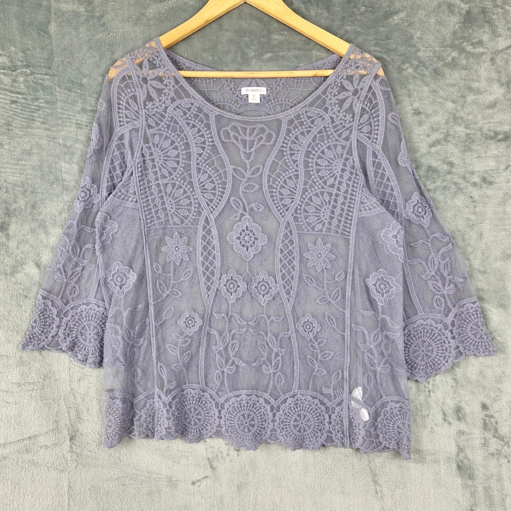 Womens Top XL Blue Boho Chic Embroidered Floral Cottagecore Sheer Mesh Festival